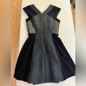 Multi-fabric tweed leather woven dress